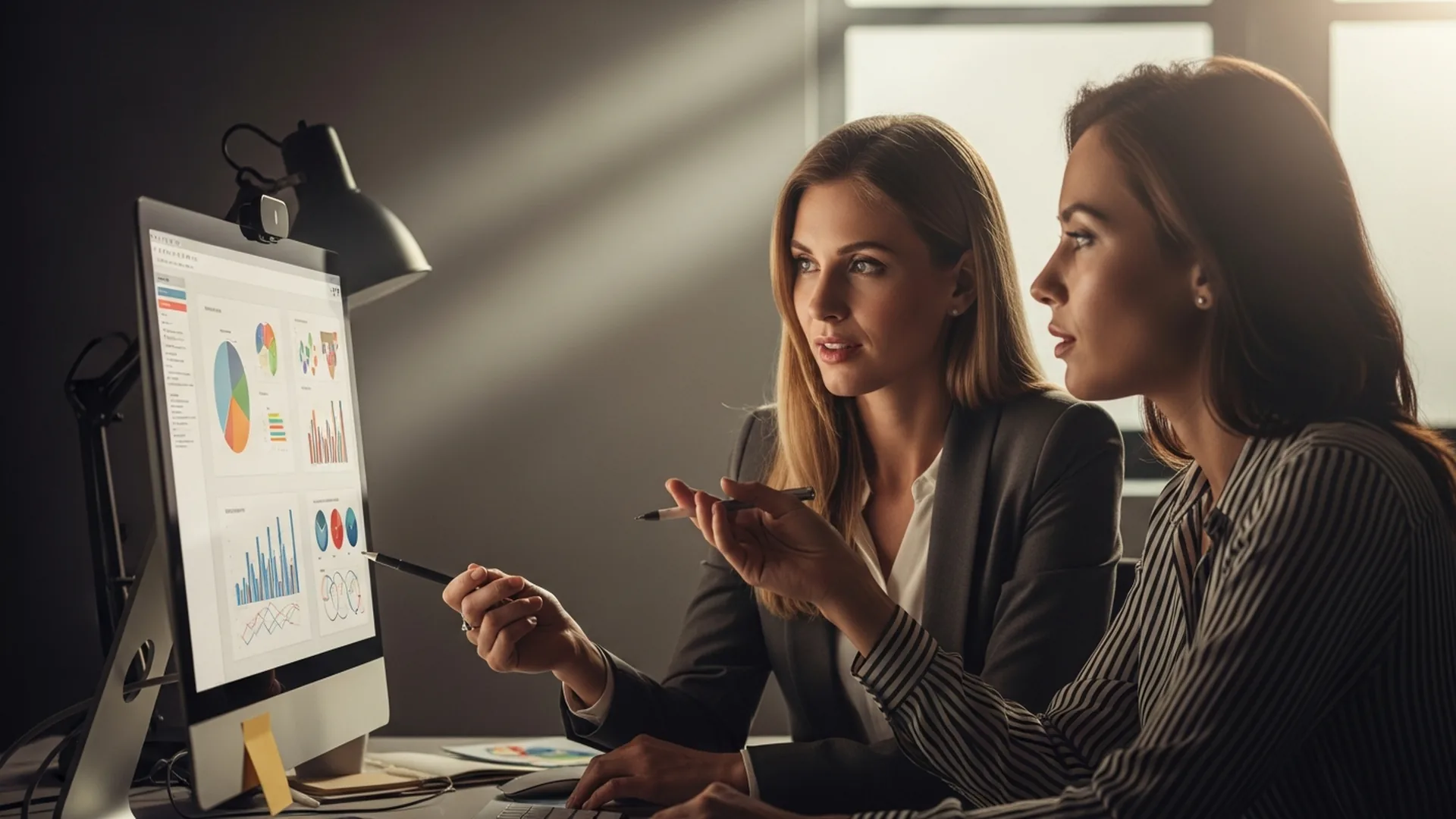 Two marketing professionals collaborating on a campaign at a computer